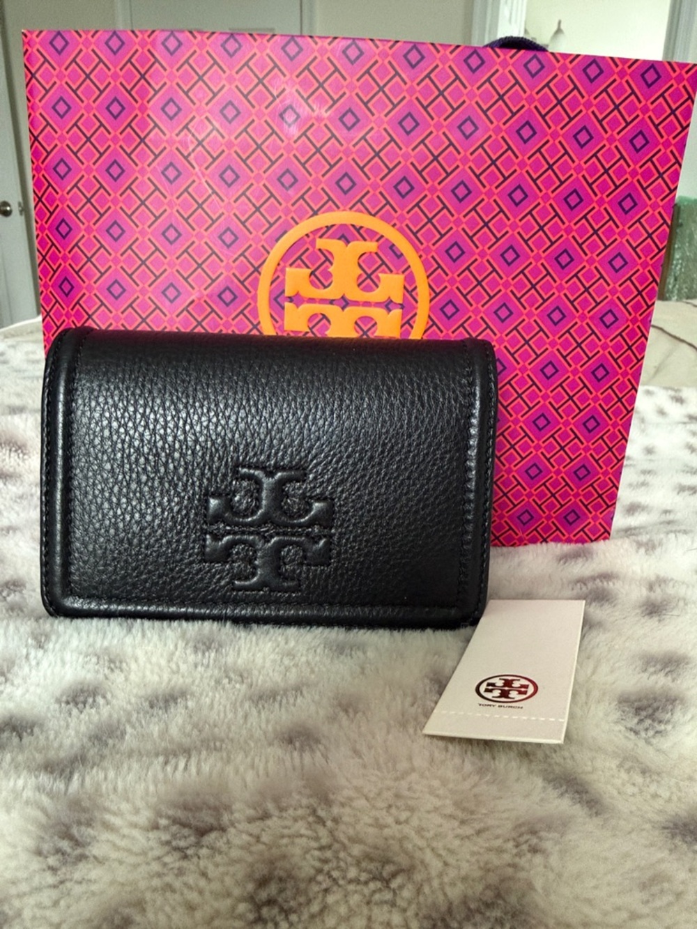 Tory Burch Black Pebbled Leather Card Case Wallet